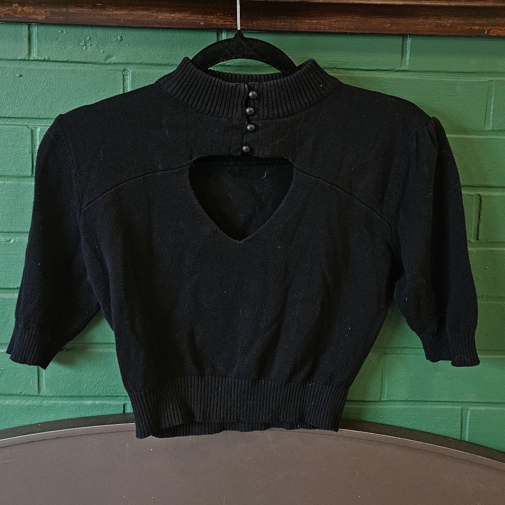 Collectif Black Short Sleeve Knit Top with Cutout and Button Mock Neck